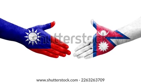 Handshake between Taiwan and Nepal flags painted on hands, isolated transparent image.