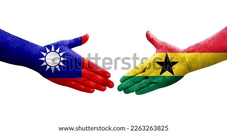 Handshake between Taiwan and Ghana flags painted on hands, isolated transparent image.