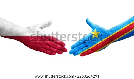 Handshake between Dr Congo and Poland flags painted on hands, isolated transparent image.