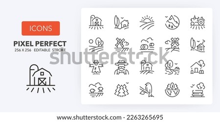 Set of thin line icons of countryside and landscape. Outline symbol collection. Editable vector stroke. 256x256 Pixel Perfect scalable to 128px, 64px... Royalty-Free Stock Photo #2263265695