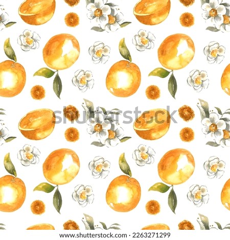 Watercolor seamless pattern of oranges or mandarines, while flowers and leaves. Hand drawn texture of exotic citrus fruits clipart elements isolated on white background. Botanical tropical design.