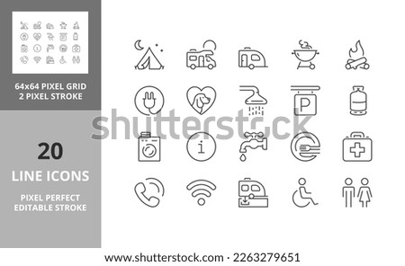 Line icons about camping services. Editable vector stroke. 64 and 256 Pixel Perfect scalable to 128px Royalty-Free Stock Photo #2263279651