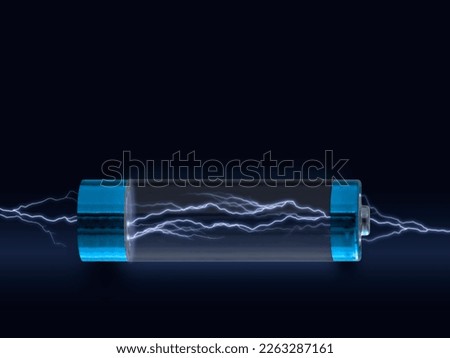 Transparent glass tank with form of standart AA cylindrical dry battery with bright lightning flash inside as a symbol of power source conception Royalty-Free Stock Photo #2263287161