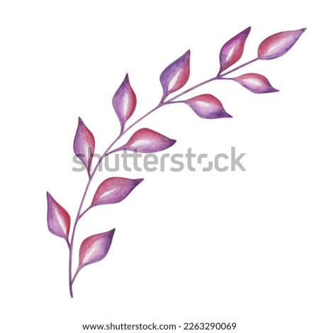 Watercolor illustration. Hand painted tree branch with leaves in red, violet colors. Spring nature. Autumn foliage. Summer vegetation, grass. Isolated clip art for prints, textile patterns, poster