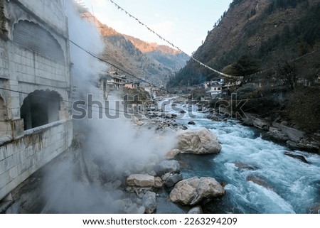 Hot water spring in Manikaran Kullu Manali Himachal Pradesh India. Pilgrimage center for both Hindus and Sikhs Sahib Gurudwara. Shiva temple in Kasol Shimla Ladakh Himalaya near Parvati river. Royalty-Free Stock Photo #2263294209