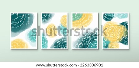 Set of aesthetic roses watercolor posters with yellow and green colors for wall decoration. Modern abstract hand-drawn background