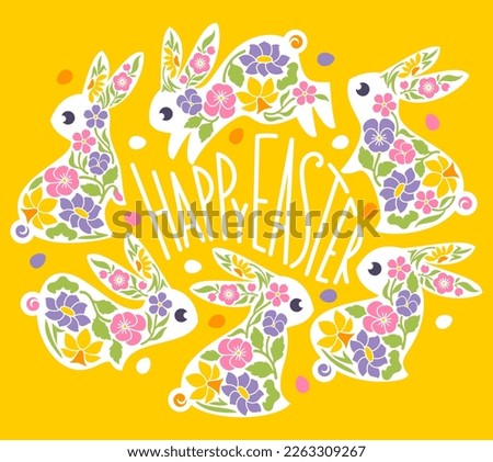 Easter greeting card with cute rabbits and spring flowers. Elegant vector illustration of playful bunnies with lovely multicolored flowers and easter eggs