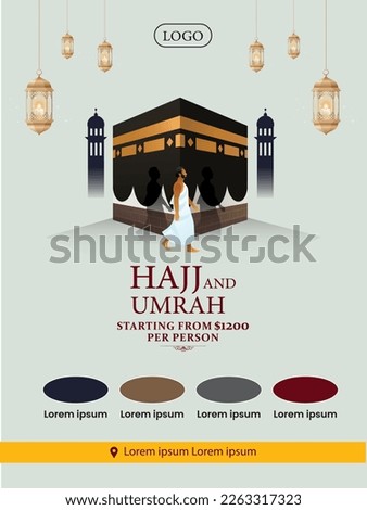 Hajj and Umrah Luxury package flyer, Ramadan Kareem flyer template islamic brochure post Arabic calligraphy, Greeting card celebration of Muslim community festival, Translation: The month of fasting