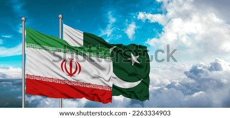 Flags of Pakistan and Iran friendship flag waving on the sky with beautiful Sky light