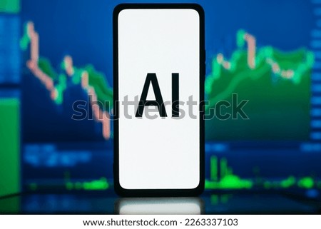 AI text on smartphone against background of green stock chart. Profit growth, share price, business success, investment and trading in artificial intelligence concept.