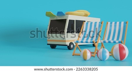 Summer vacation concept, Travel to the beach by van carrying travel  on blue background, 3d illustration