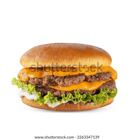 Bull Smash Burger Pieces of beef meatballs, topped with melted cheese, with the special Bull And Shark sauce, which is only for smashburger White Background Royalty-Free Stock Photo #2263347139