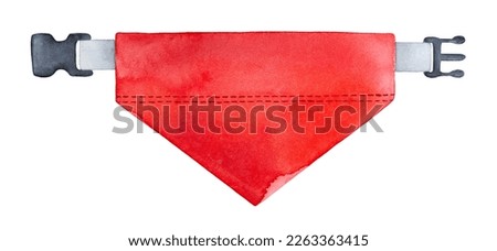 Watercolour illustration of bright red Dog Bandana and grey collar with black flat buckle. One single object, triangular shape. Hand painted water color drawing, cut out clip art element for design.