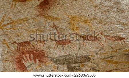 Guanaco hunt. Cave of Hands, Patagonia Argentina. Ancient rock art.