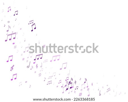 Musical notes symbols flying vector illustration. Notation melody record icons. Elecrtonic music studio background. Purple violet musical note.