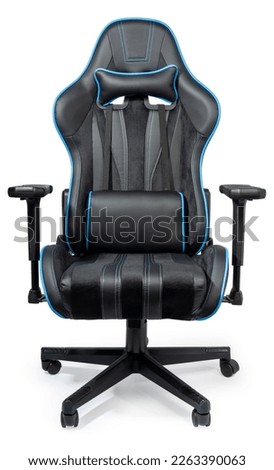 Black and blue leather gaming chair isolated on white background, Office chair with black and blue velvet fabric on white background With clipping path.