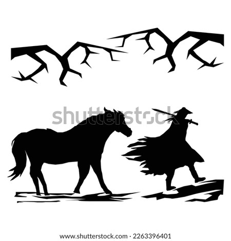 silhouette of a warrior carrying his horse walking on the grass