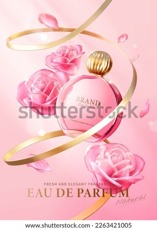 3D illustration of rose theme perfume ad. Pink perfume glass bottle with gold cap surrounded by glass rose flower, petals and swirling ribbon on light pink background.