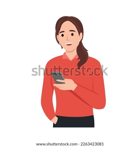 Young woman dials the phone number with a happy face. A Girl is holding a smartphone and calling. Flat vector illustration isolated on white background