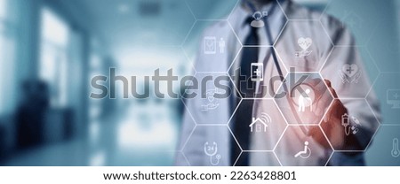 Elderly care concept. Touching on elderly care symbol surrounded by medical, rehabilitation service, nursing care for enhancing quality of life in elder age icons. Banner, background with copy space. Royalty-Free Stock Photo #2263428801