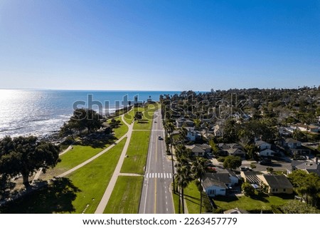 Shoreline Park Santa Barbara California Aerial Drone view of park overlooking the ocean with blue sky on a gorgeous day. Royalty-Free Stock Photo #2263457779