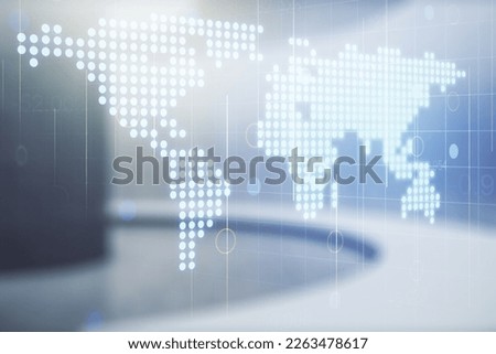 Double exposure of abstract digital world map hologram on empty room interior background, big data and blockchain concept