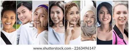 Collage of diverse and inclusive women from around the world, concept of international women’s day, world women with diversity and inclusivity, ethnicity and religion tolerance, women right awareness Royalty-Free Stock Photo #2263496147