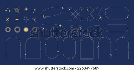 Modern minimalist aesthetic line elements, trendy linear frames with stars, arch frames, geometric forms. Decorative set of vector frames in boho style.