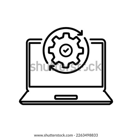 thin line laptop and gear wheel like update. lineart style trend modern minimal logotype stroke art design web element isolated on white background. concept of development or devops service badge Royalty-Free Stock Photo #2263498833