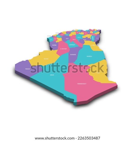 Algeria political map of administrative divisions - provinces. Colorful 3D vector map with dropped shadow and country name labels.