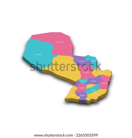 Paraguay political map of administrative divisions - departments and capital district. Colorful 3D vector map with dropped shadow and country name labels. Royalty-Free Stock Photo #2263503599