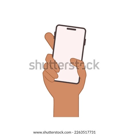 Hand holding the black smartphone with blank screen and modern frameless design. Template vector illustration on isolated background. Vector 10 eps.