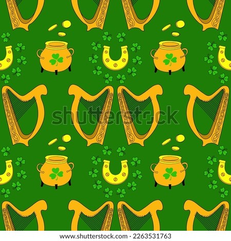 Cool trendy pattern with clover. Irish harp. Hand-drawn seamless pattern. Cute saint patrick fashion print.