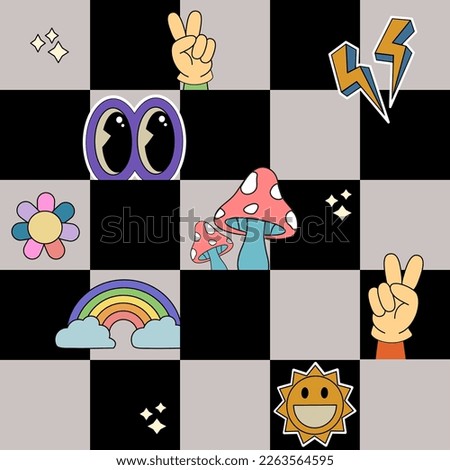 Geometric black and white Checkered Groovy Backgrounds with cartoon characters. Stickers, various patches  sun, mushrooms, clouds, hands, faces with emotions. Vector illustration of y2k , 90s graphic