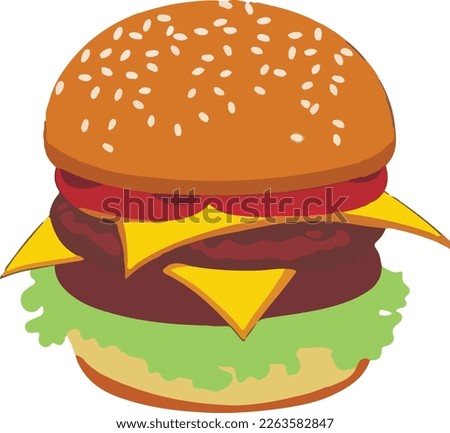Realistic Cheeseburger Illustration with Sesame Seeds. This vector art depicts a mouth-watering, juicy cheeseburger complete with sesame seeds on the bun. The burger is realistically rendered. Royalty-Free Stock Photo #2263582847