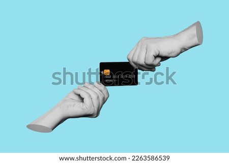The black plastic credit card is in the hands of two women holding it from different sides isolated on a blue color background. Trendy 3d collage in magazine style. Contemporary art. Modern design