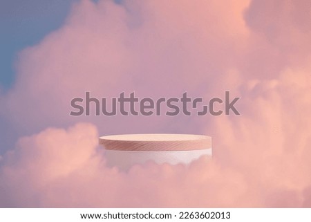 surreal modern wood podium outdoor on blue sky pink gold pastel cloud with space.Beauty cosmetic product placement pedestal present promotion minimal display,spring or summer paradise dream concept.

