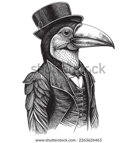 Hand Drawn Engraving Pen and Ink Toucan Dressed in Victorian Era Vintage Vintage Vector Illustration
