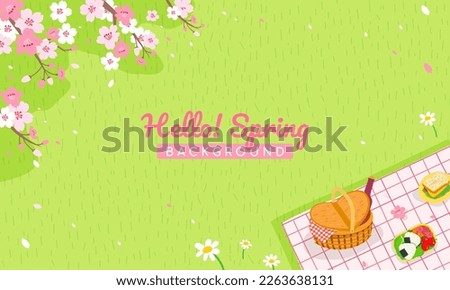 Hello! Spring background vector illustration. Picnic under Cherry blossoms trees Royalty-Free Stock Photo #2263638131