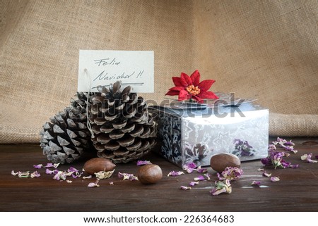 Christmas decoration on wood and woven sack 