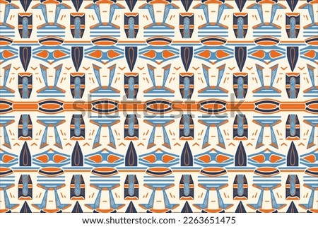 Ancient seamless egyptian pattern white orange blue background. Abstract traditional folk old antique tribal ethnic graphic line. Ornate elegant luxury vintage retro style for texture textile fabric.