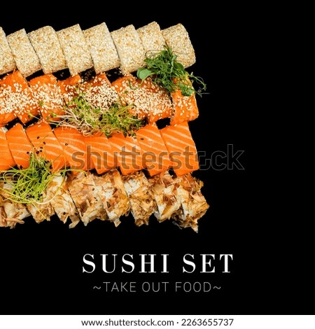 Different Japanese sushi roll pieces isolated on black background. Large set with salmon, tuna, shrimp, avocado, cucumber with micro greens on top. Ready banner concept with text, copy space 