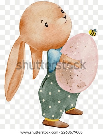 Cute Rabbit holding Easter Egg,Cartoon Watercolour hand paint Bunny,Hare character element for Easter greeting card,Spring,Summer poster,Vector illustration portrait animal on transparent background