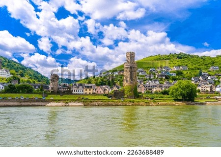 Bull Tower Ochsenturm near Rhein Rhine river in Loreley Lorelei, Oberwesel, Rhein-Lahn-Kreis, Rhineland-Palatinate, Rheinland-Pfalz, Germany. Royalty-Free Stock Photo #2263688489