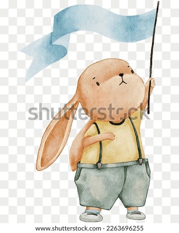 Cute Rabbit holding flag,Cartoon Watercolour hand paint Bunny,Hare character element for Easter greeting card,Spring,Summer poster,Vector illustration portrait animal on transparent background
