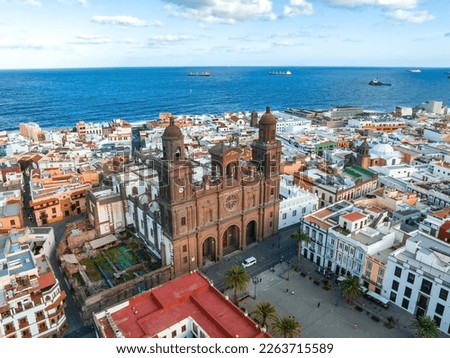 Landscape with Cathedral Santa Ana Vegueta in Las Palmas, Gran Canaria, Canary Islands, Spain. Aerial sunset view of the Las Palmas city. Royalty-Free Stock Photo #2263715589
