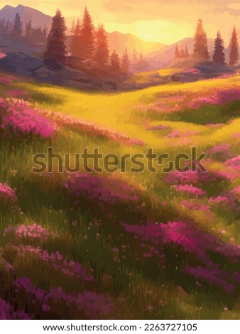 Mountain landscape with alpine meadows, vector illustration vertical poster. green meadow and wild flowers on hills with blue sky, vector cartoon spring or summer landscape
