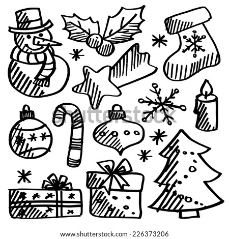 Christmas doodle icons set, black isolated sketches on white background, vector illustration