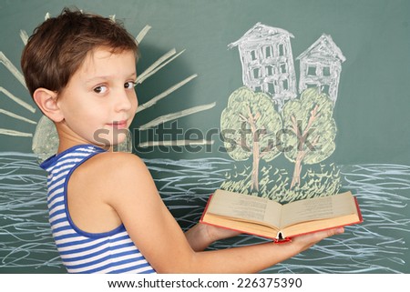 Education concept, book as a island of knowledge. Boy with book, children drawing.