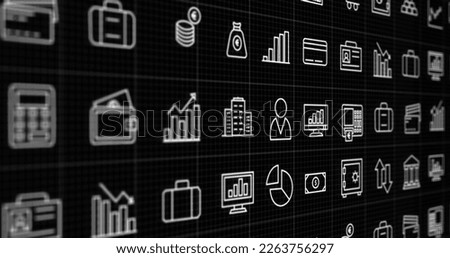Image of data processing and business icons over black background. Global business and digital interface concept digitally generated image.